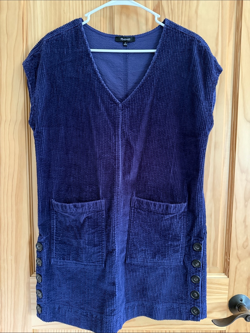 Madewell Navy Corduroy V-Neck Shift Dress with Side Button Detail